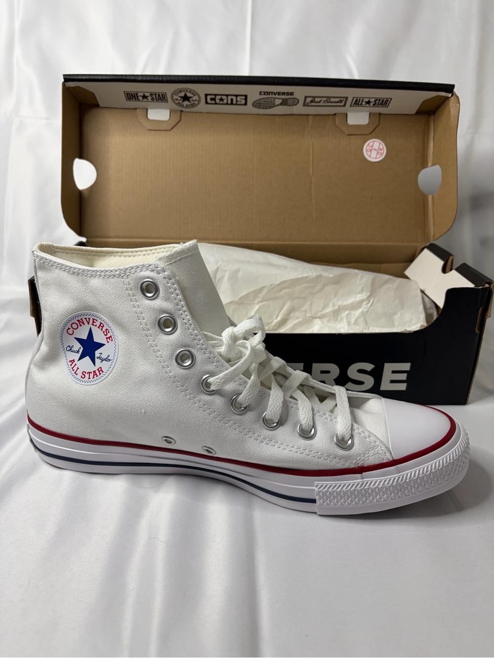 Converse White High-Top Sneakers with Red & Navy Trim (US Men’s 9/Women’s 11)